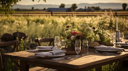 A rustic wooden table set up for a farm-to-table dining experience.