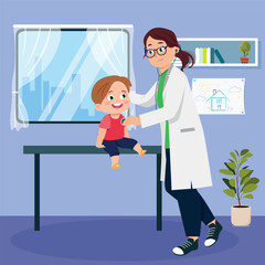 Vector illustration of a smiling boy being examined by a doctor. Cartoon scene with a boy being listened to by a doctor with a stethoscope in a room with a window, a picture,a shelf, and flower pots.