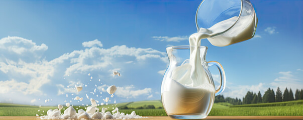 Pouring milk from jug into glass. Pour milk detail in sunny blue sky background - obrazy, fototapety, plakaty