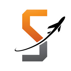 Orange and Black Futuristic Letter S Icon with an Airplane