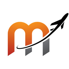 Orange and Black Lowercase Letter M Icon with an Airplane