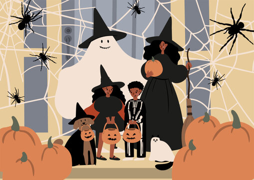 Halloween poster with characters and pets in costumes, October festival printable card, Outdoor party wall art print, Flat style vector illustration clipart, Digital download, witch ghost cat dog.