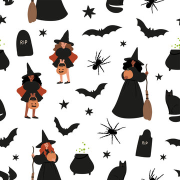 Halloween seamless pattern, Kids and pets in costumes digital paper, Pumpkin face background, Ghost cat dog vector illustration clipart, witch scrapbook paper, October festival, flat style images.