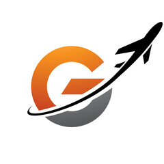 Obraz premium Orange and Black Uppercase Small Letter G Icon with an Airplane