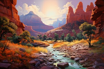 Beautiful painting of a wild west canyon landscape. Generative AI - obrazy, fototapety, plakaty
