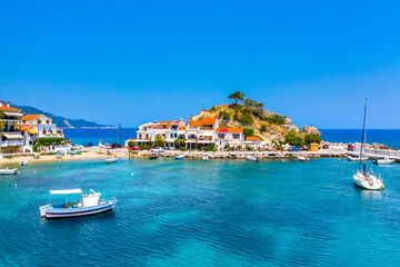 View of Kokkari fishing village with beautiful beach, Samos island, Greece - 649468033