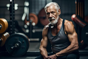 Fototapeta na wymiar A old man with a beard stands in a gym with a large white beard.