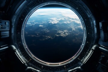 View of Earth through porthole in ISS cockpit, symbolizing rocket launch, exploration, and research. Generative AI