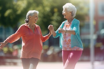 Close-up of two happy dancing elderly women in sportswear in summer in the park