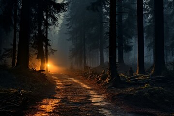 A misty rural path with glowing lights, surrounded by forest. Eerie and mysterious. Generative AI