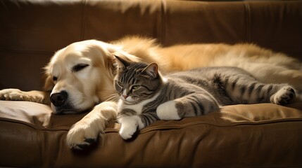 a dog and a cat peacefully sharing a couch, their unlikely friendship a testament to the harmony of pets - obrazy, fototapety, plakaty