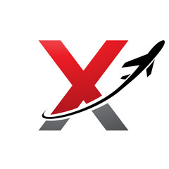 Red and Black Lowercase Letter X Icon with an Airplane