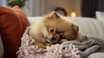 a fluffy Pomeranian puppy curled up on a cozy couch, surrounded by soft cushions