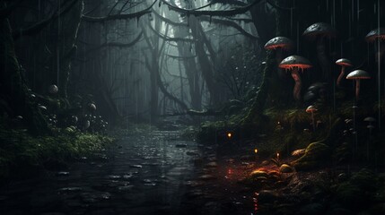 a forest glade during a gentle rain, where the forest floor comes alive with fungi and dew-covered spiderwebs - obrazy, fototapety, plakaty