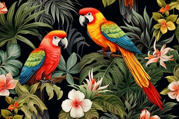 Seamless textile pattern featuring tropical birds in a lush jungle setting. Generative AI