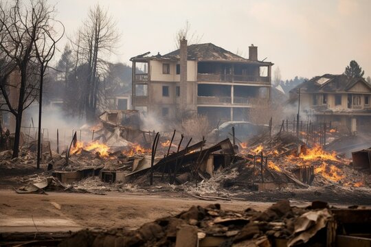 Damaged houses due to a wildfire in Louisville,Colorado, Marshall fire. Generative AI