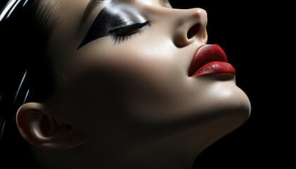 A beautiful young woman with dark hair and shiny lips generated by AI - obrazy, fototapety, plakaty
