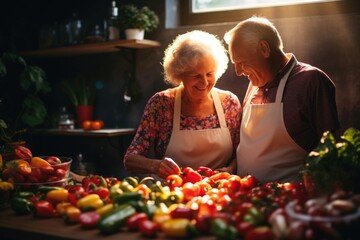 Old people cooking in the kitchen, pensioners, cooking together, healthy living, older generation, cooks cooking dinner, happiness and enjoyment togethe, smiles and health, proper nutrition .