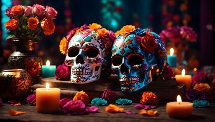 Day of the dead background, La Catrina, mexican skull, flowers, altar and candles festive banner with copy space text 