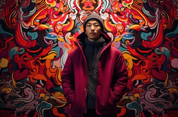 an Asian man wearing jacket with graffiti wall art behind, male street fashion portrait, Generative Ai