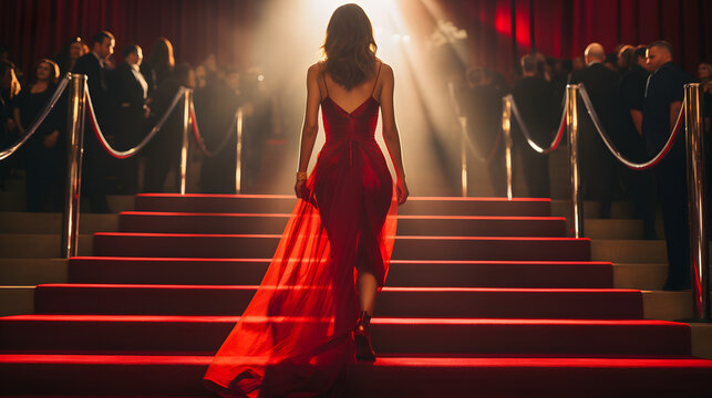 Socialite in a red velvet dress making her entrance at a theater's premiere night.
