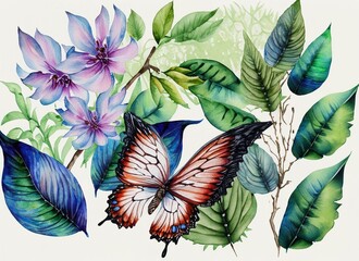 Watercolor illustration of butterflie and leaves