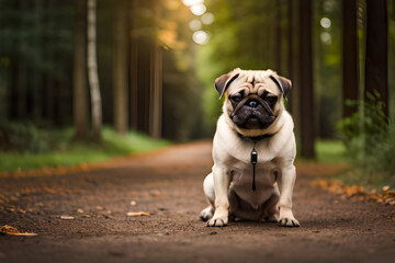 A pug dog on a dirt road with a green background - obrazy, fototapety, plakaty