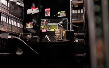 Empty dark police detective room with murder case investigation process on board. Suspect...