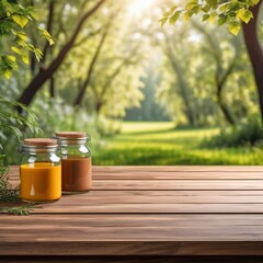 Empty wooden Table with nature background for product photography