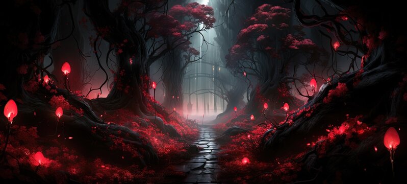 painting style illustration, mysterious way path in red forest with fog and misty atmosphere, Generative Ai