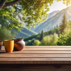 Empty wooden Table with nature background for product photography