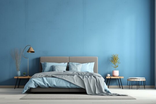 Blue bedroom with cold ambiance, bed covered with linen sheet, wall mock up, 3D rendering. Generative AI