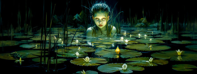 water sprite, wild girl in a green pond with lilies at night, fantasy scary banner