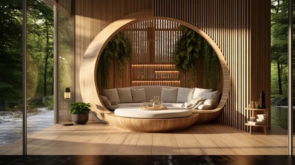 cozy comfy industrial wooden furniture interior design of a house with open air are close to nature concept, Generative Ai