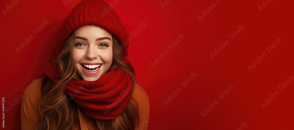 Wall mural Happy Woman with Red Scarf and Hat with Space for Copy on a Red Background