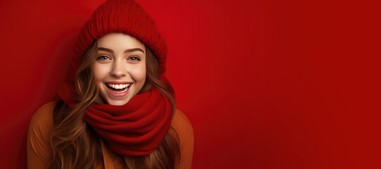 Happy Woman with Red Scarf and Hat with Space for Copy on a Red Background