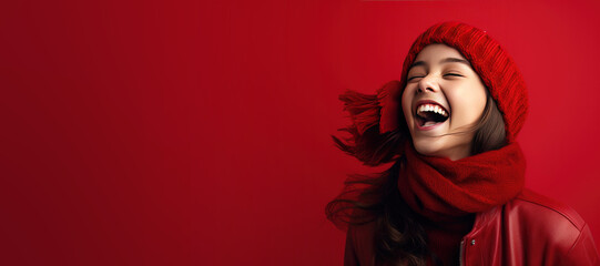 Happy Laughing Woman with Red Scarf and Hat with Space for Copy on a Red Background