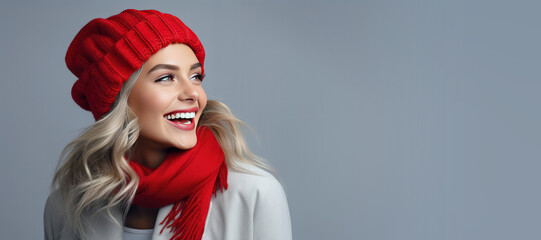 Beautiful Young Woman with Red Hat and Scarf with Copy Space on a Grey Background