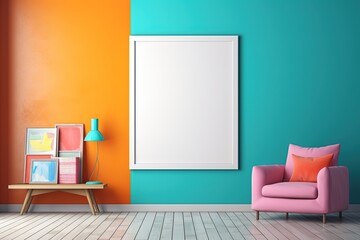 minimal comfy mood living room with a pink armchair and empty art wall hanging frame on two tone orange blue color wall, mockup idea, Generative Ai	