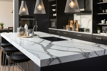 Decorate your kitchen with an elegant quartz countertop slab design. Generative AI - obrazy, fototapety, plakaty