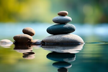 Pebbles stacked in Zen formation with tranquil water reflection. Symbolizes balance, meditation, and spa. Generative AI