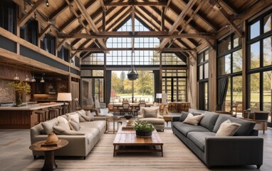 Fototapeta premium Modernized barn house with high ceilings and industrial accents. Generative AI