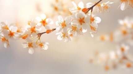 Realistic fruit tree branch with spring flowers. Beautiful flowering almond tree in spring day. Illustration for cover, card, postcard, brochure, advertising or presentation.