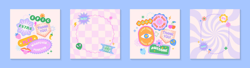 Illustrations with patches and stickers in 90s style.Modern templates in y2k aesthetic chess and spiral backgrounds.Trendy funky designs for banners,social media marketing,branding,packaging,covers