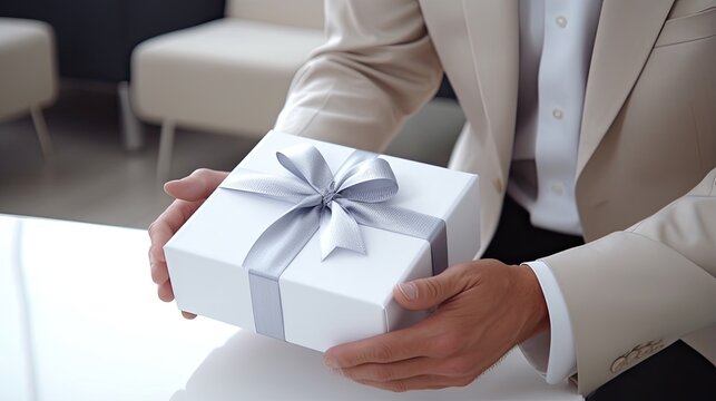 Closeup of someone holding a gift box tied with a bow. Gift concept for birthday, New Year, Valentine's Day, Mother's Day, Father's Day and other events. Illustration for cover, card, postcard, etc.