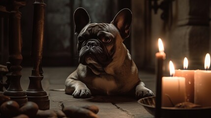 french bulldog in a spooky halloween setting, gothic, medieval - obrazy, fototapety, plakaty