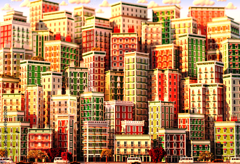 Sticker 3D Illustration with colourful city houses, periodic buildings at sunset