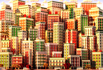Obraz premium 3D Illustration with colourful city houses, periodic buildings at sunset