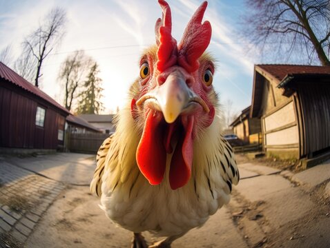 Close-up portrait of a rooster. A domestic bird is looking at something. Illustration with distorted fisheye effect. Design for cover, card, postcard, decor or print.