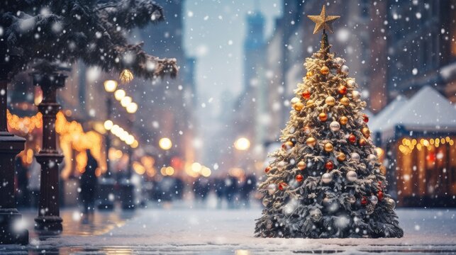 Christmas city street winter blurred background. Xmas tree with snow decorated with garland lights, holiday festive background. Widescreen backdrop. New year Winter